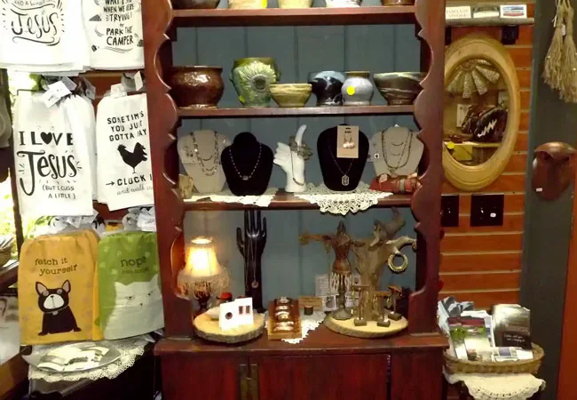 Jewelry, pottery and gift displays at Thistle & Thread